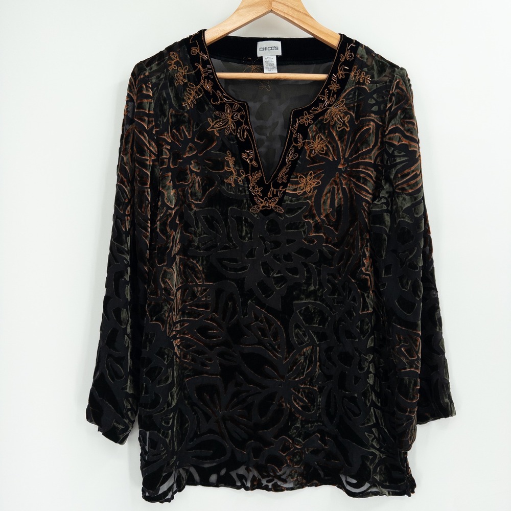 Vintage Chicos 1 Top Womens M Silk Black Burnout Velvet Whimsigoth Dark Witchy